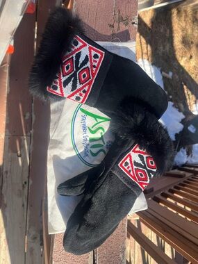 Astis Suede Fur-Trim Mittens with Red & White Embroidered Cuff